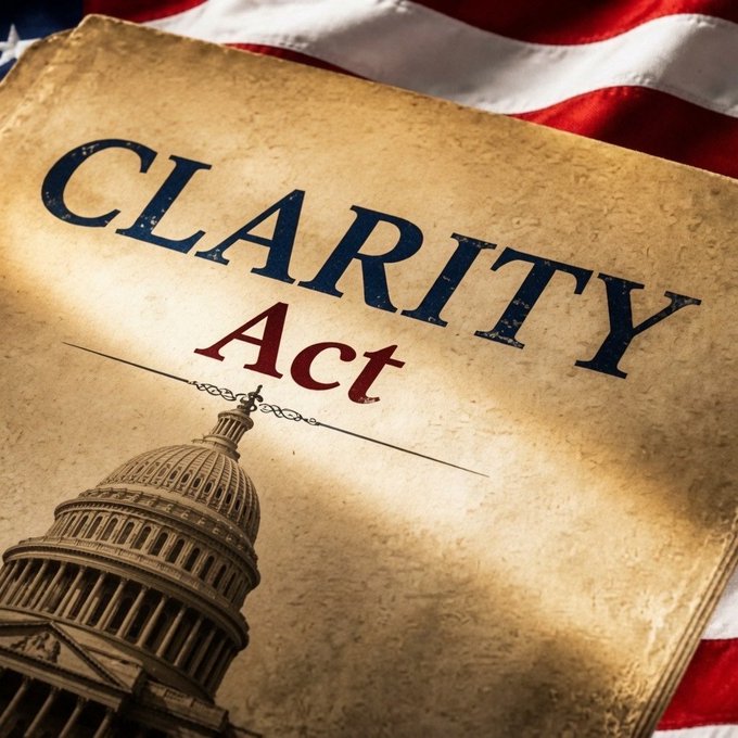 A weathered document titled "CLARITY Act" rests on an American flag, with the U.S. Capitol dome illustrated at the bottom, symbolizing the urgent call for U.S. Senators to pass crypto legislation to keep pace with Japan, South Korea, Hong Kong, and Singapore's advancing digital asset frameworks.