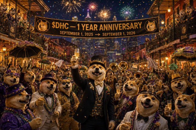 A festive AI-generated scene showing anthropomorphic Shiba Inu dogs dressed in formal attire celebrating a '$DHC - 1 YEAR ANNIVERSARY SEPTEMBER 1, 2025 → SEPTEMBER 1, 2026' banner with fireworks in the background.