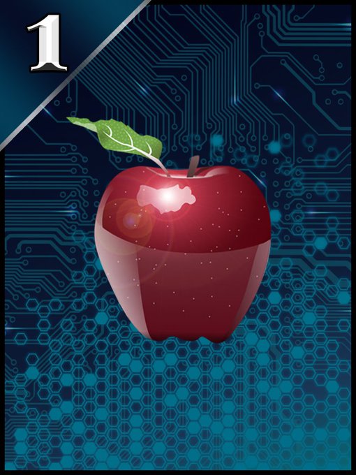 A digital illustration featuring a shiny red apple with a green leaf against a blue circuit board background, with a number '1' in the top-left corner.