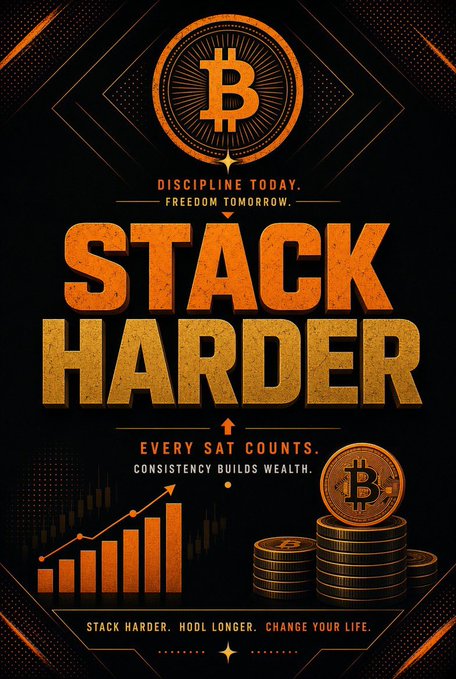 A motivational poster with an orange and black color scheme featuring the Bitcoin logo, a rising bar chart, and stacks of BTC coins, with bold text reading 'STACK HARDER,' 'DISCIPLINE TODAY. FREEDOM TOMORROW,' and 'EVERY SAT COUNTS. CONSISTENCY BUILDS WEALTH.'