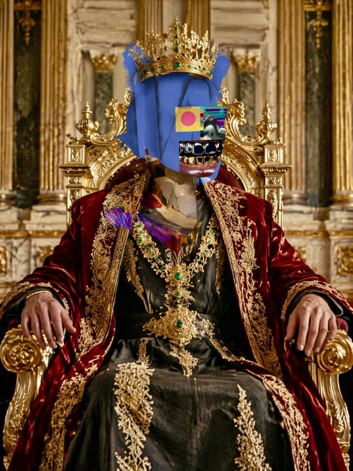 A regal figure wearing an ornate crown and rich red and gold royal robes sits on a golden throne, with a blue cloth covering their face that has cartoon-style sunglasses and a pink circle sticker affixed to it.