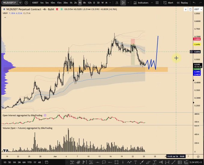 A 4-hour Bybit chart of the WLDUSDT perpetual contract shows price consolidating around the $0.50–$0.52 support zone (highlighted in orange) below the 0.6494 level, with a hand-drawn blue path projecting a potential pullback before a move toward 0.6846, supporting the trader's long setup as referenced in their detailed video plan.