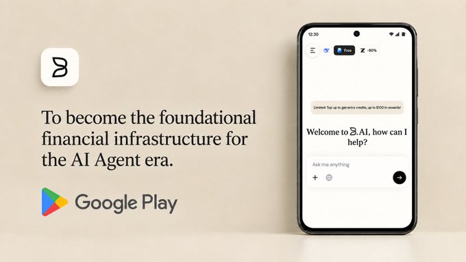 A promotional graphic for an AI app called 3.AI, displayed on a smartphone screen with the tagline "To become the foundational financial infrastructure for the AI Agent era." and the Google Play logo.