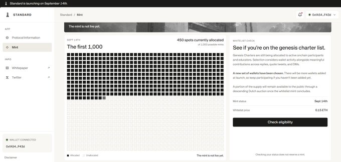 A screenshot of a cryptocurrency NFT minting page titled 'The first 1,000' showing 450 spots currently allocated, with a whitelist price of 0.15 ETH and a 'Check eligibility' button.