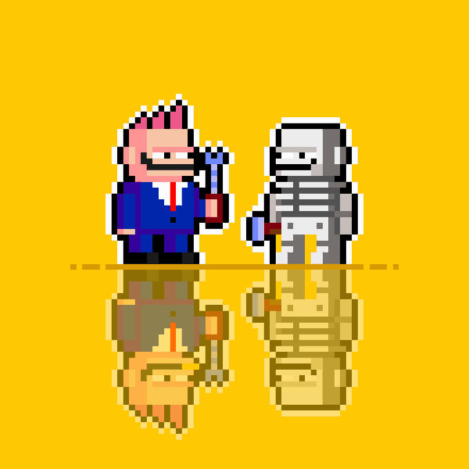 The pixel art image features two characters standing on a reflective golden surface against a yellow background: one in a blue suit with red tie holding what appears to be a USB device, and a white/grey armored figure beside them. The image relates to the post as a visual representation of Zcash ($ZEC) reaching a $2000 price milestone, celebrating the cryptocurrency's bullish momentum and continued development.