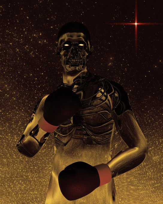 A dark, atmospheric 3D render of a skeletal figure wearing boxing gloves and trunks against a starry golden background.