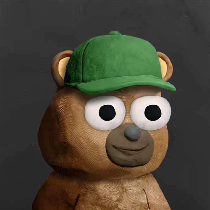 A 3D rendering of a brown teddy bear with large white eyes and a gray snout, wearing a green baseball cap, set against a dark gray background.