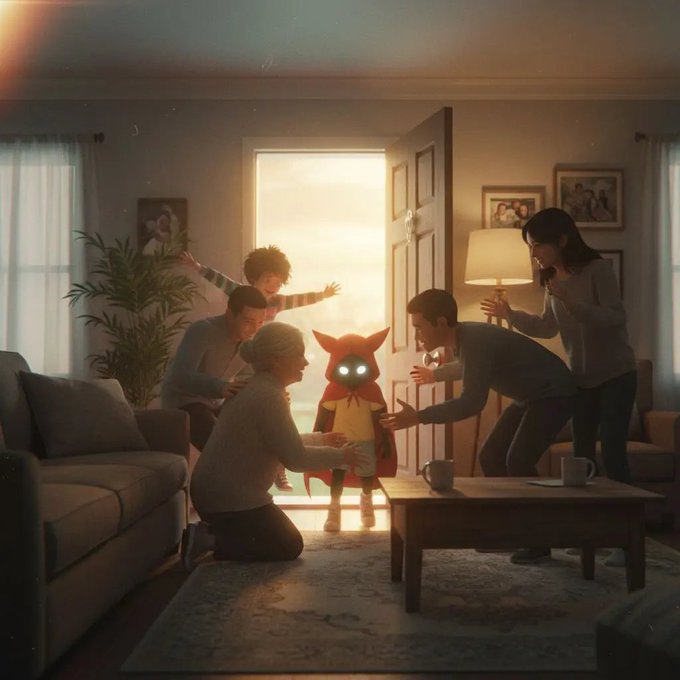 A digital illustration of a family in a warmly lit living room reacting in surprise to a small, glowing-eyed character in a cape standing in the doorway.