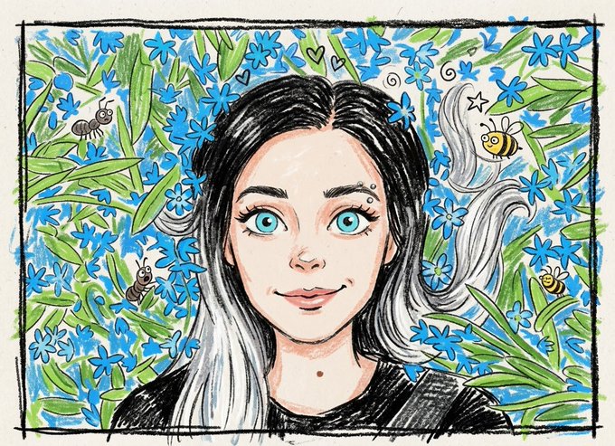 A hand-drawn illustration of a girl with dark hair and striking blue eyes, surrounded by a lively background of green leaves, blue flowers, ants, and a flying bee.