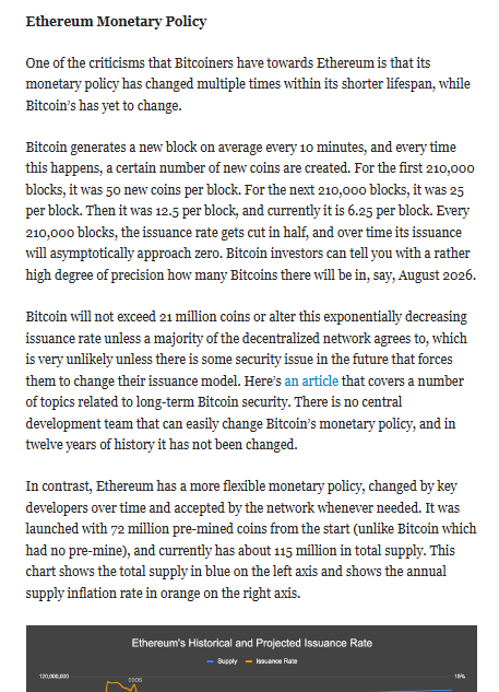 The image displays an article excerpt titled "Ethereum Monetary Policy," comparing Bitcoin's fixed issuance schedule (halving every 210,000 blocks, capped at 21 million coins) to Ethereum's more flexible monetary policy that has changed over time, with 72 million pre-mined coins and approximately 115 million total supply. A chart titled "Ethereum's Historical and Projected Issuance Rate" shows total supply in blue and annual supply inflation rate in orange, with reference to the Lyn Alden 2021 Ethereum analysis article.