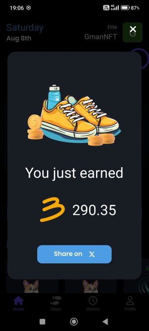 A mobile app screenshot from 'GmanNFT' dated Saturday, Aug 8th, showing earnings of 290.35 tokens with a shoe-and-coin illustration and a 'Share on X' button.