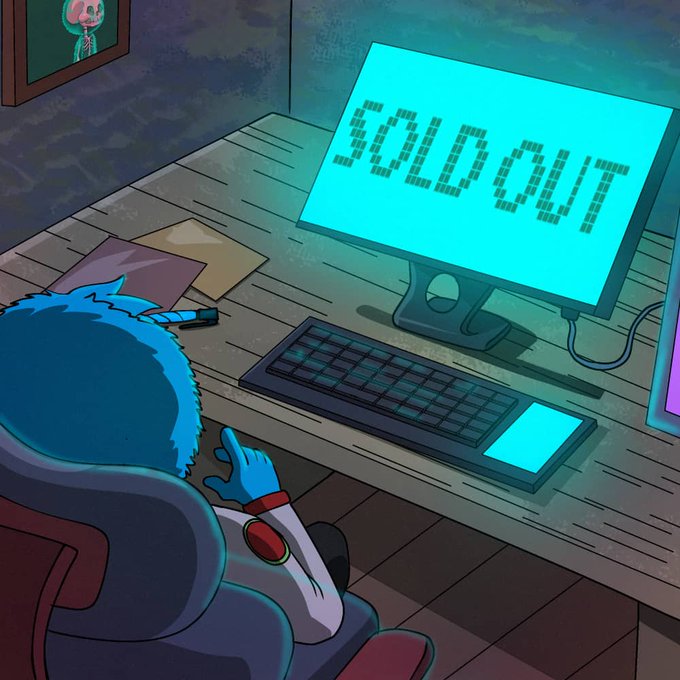 The image features a cartoon character sitting at a desk with a computer monitor displaying the words "SOLD OUT!!!". The character appears to be using the computer, possibly browsing or working on something related to the sale of an item. The scene is set against a dark background and includes elements such as a chair, keyboard, mouse, and a book.