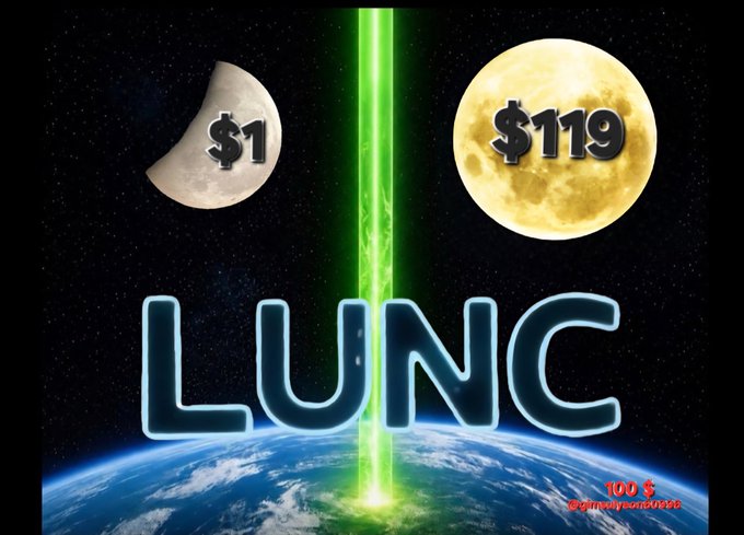 Promotional graphic for 'LUNC' (Terra Luna Classic) cryptocurrency, showing a green laser beam splitting a half moon labeled '$1' and a full moon labeled '$119' above Earth.