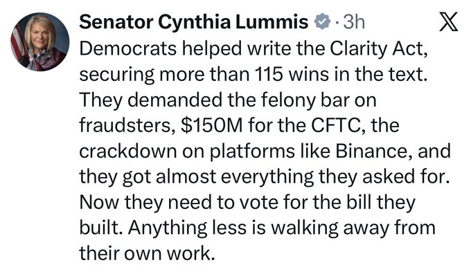 A tweet from Senator Cynthia Lummis noting that Democrats helped write the Clarity Act, securing over 115 wins including a felony bar on fraudsters and $150M for the CFTC, and urging them to vote for the bill they built.
