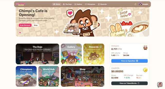The image shows a screenshot of a website called "Chimp's Cafe" with a gold logo at the top right corner. The title of the page reads "Chimp's Cafe is Open!". There are several other posts displayed, including one about an art exhibit in San Francisco and another about a new collection by artist Kojiro Honda. Additionally, there's a post about the opening of Chimp's Cafe in San Francisco that appears to be related to the previous post about an art exhibit. The website also features a game called "Chimp's Cafe", with a monkey character named "Mimi" on it, which suggests that this could be a platform for shopping and playing games related to the cafe.