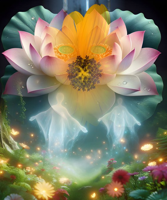A luminous pink and yellow lotus flower blooms above two ethereal ghost-like figures floating in a magical, firefly-lit garden, symbolizing free-spirited transcendence between darkness and light. The radiant blossom and glowing souls embody the spirit of freedom expressed in the accompanying poem.