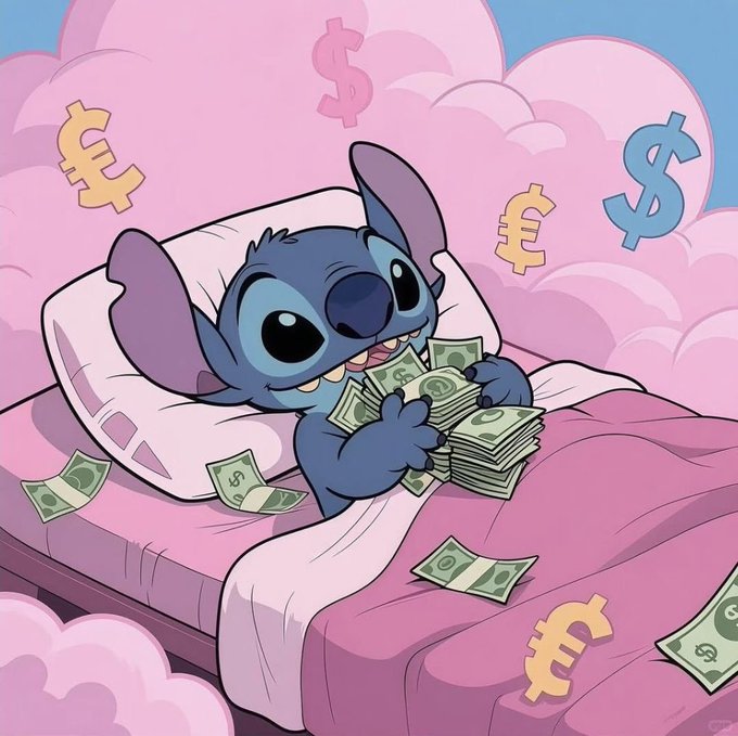 The image shows a cartoon of Stitch lying in a pink bed, clutching stacks of dollar bills with floating dollar and euro symbols surrounding him, visually reinforcing the post's message about achieving massive financial gains like turning $1K into $500K.