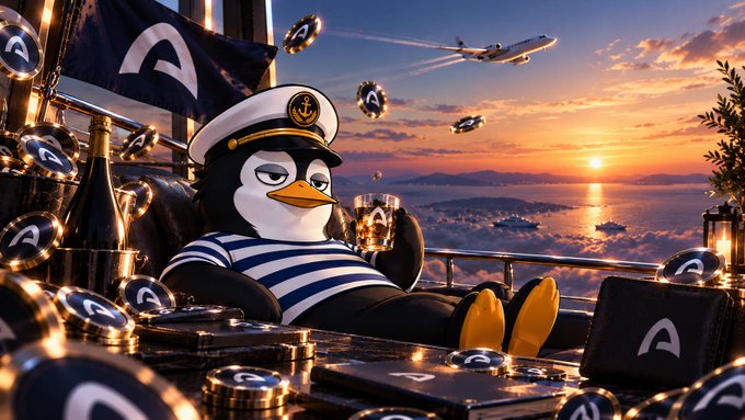 An AI-generated image of a penguin dressed in a sailor outfit, reclining in a luxurious leather chair surrounded by gold coins bearing an 'A' logo, with a private jet flying into a sunset over the ocean in the background.