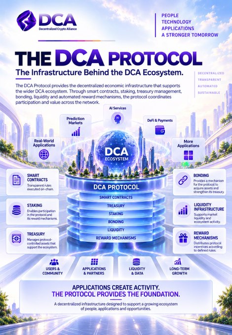 An infographic titled "THE DCA PROTOCOL - The Infrastructure Behind the DCA Ecosystem" by Decentralized Crypto Alliance, detailing smart contracts, staking, treasury, bonding, liquidity, and reward mechanisms as foundational layers.