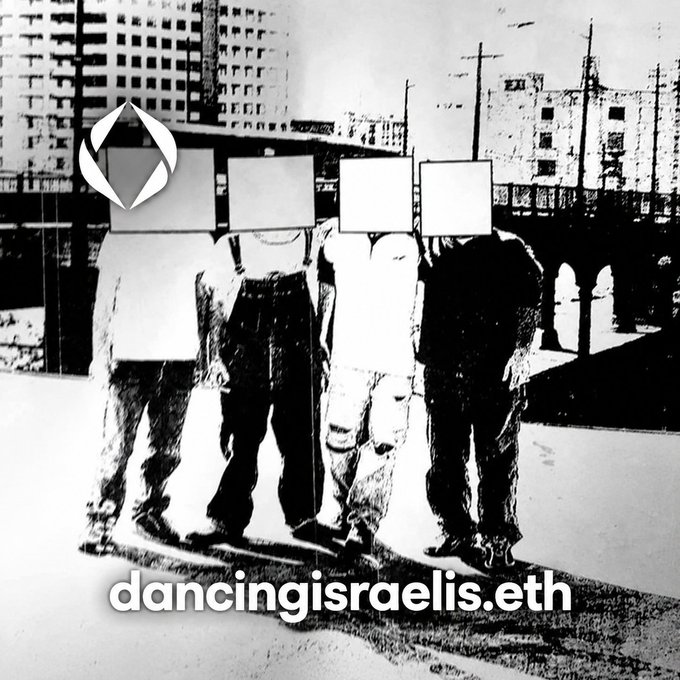 A stylized black-and-white graphic showing four faceless figures standing together with the logo and text 'dancingisraelis.eth' displayed at the bottom.