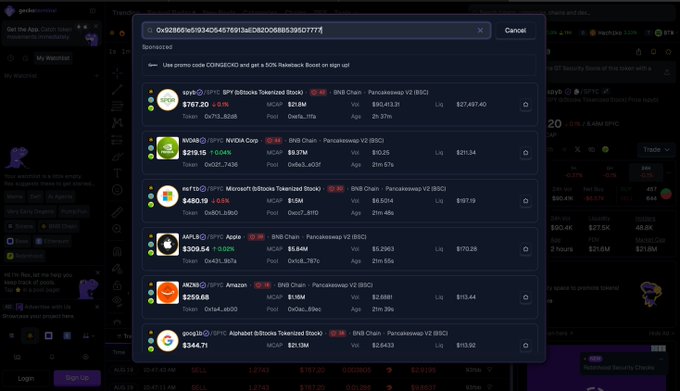The image shows the Gade Limitless trading platform displaying tokenized stock markets (SPYC), with a sponsored search showing SPY5 pairs including $NVDAB, $AAPLB, $MSFTB, $GOOGLB, and $AMZNB alongside their corresponding SPYC markets, illustrating the new cross-asset liquidity pairs referenced in the post.