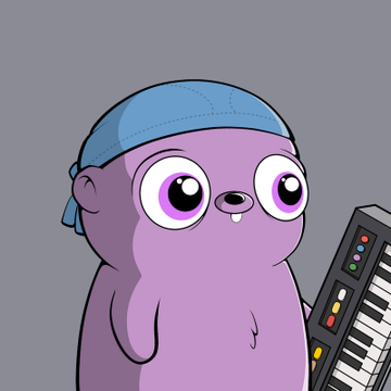 A cartoon illustration of a purple creature wearing a blue bandana, holding what appears to be a keyboard or electronic device, with large expressive eyes.