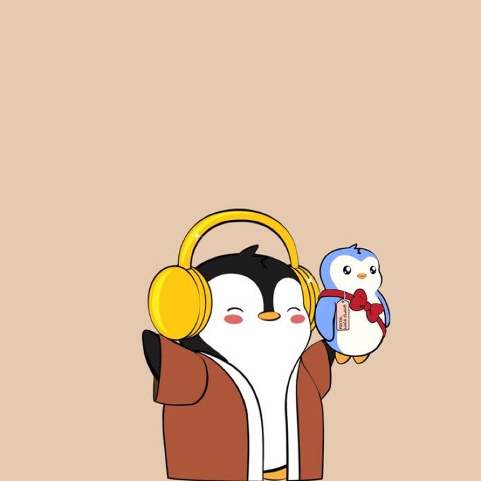 A cute cartoon penguin wearing yellow headphones and a brown jacket, with a small blue penguin companion wearing a red bow tie, on a beige background.