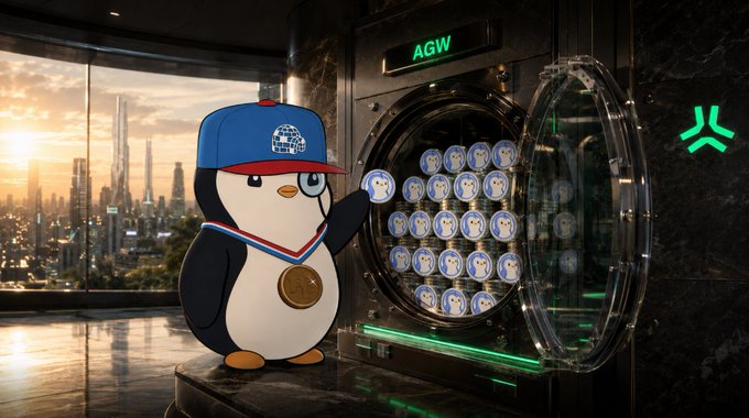 A cartoon penguin wearing a blue cap and medal stands next to a vault filled with coins bearing the penguin's face, labeled 'AGW'.