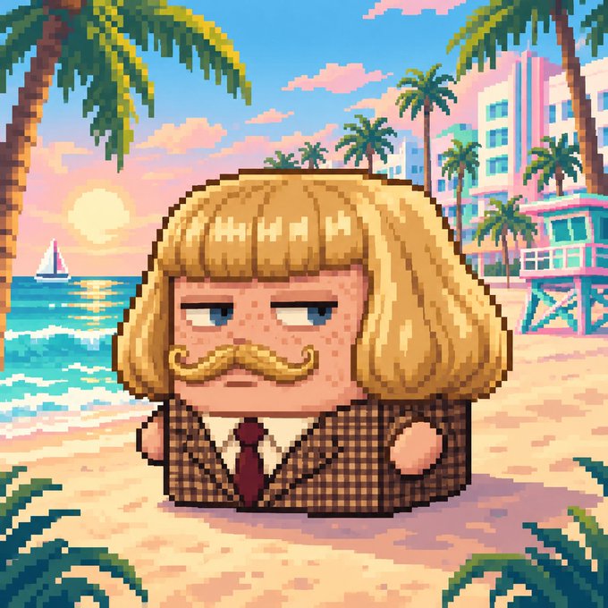 https://example.com/image6.jpg

A pixel art illustration depicts a character with blonde bowl-style hair and a large handlebar mustache, wearing a brown checkered suit with a red tie. The character stands on a tropical beach at sunset with palm trees, ocean, and pastel-colored buildings in the background.