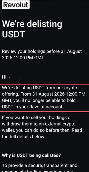 A Revolut notification stating 'We're delisting USDT. Review your holdings before 31 August 2026 12:00 PM GMT.'