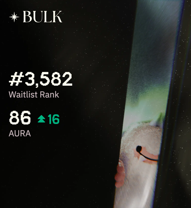 A dark starry background showing 'BULK' branding with a waitlist rank of '#3,582' and '86 AURA' (up 16), alongside a partially visible cute character peeking from the right edge.