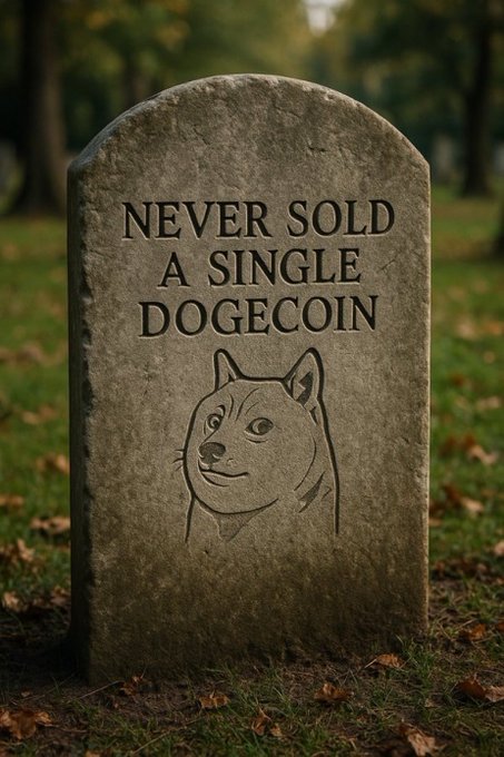 A tombstone in a grassy cemetery reads 'NEVER SOLD A SINGLE DOGECOIN' with an engraving of a Shiba Inu dog's face below the text.