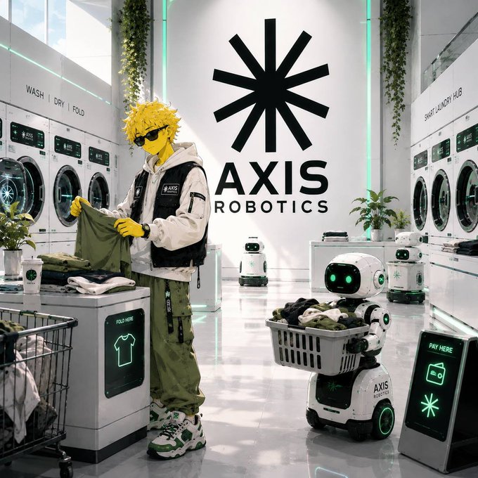 Futuristic 'AXIS ROBOTICS' branded smart laundry hub featuring a yellow-haired anime character folding clothes, robotic laundry assistants, washing machines, and digital payment kiosks.