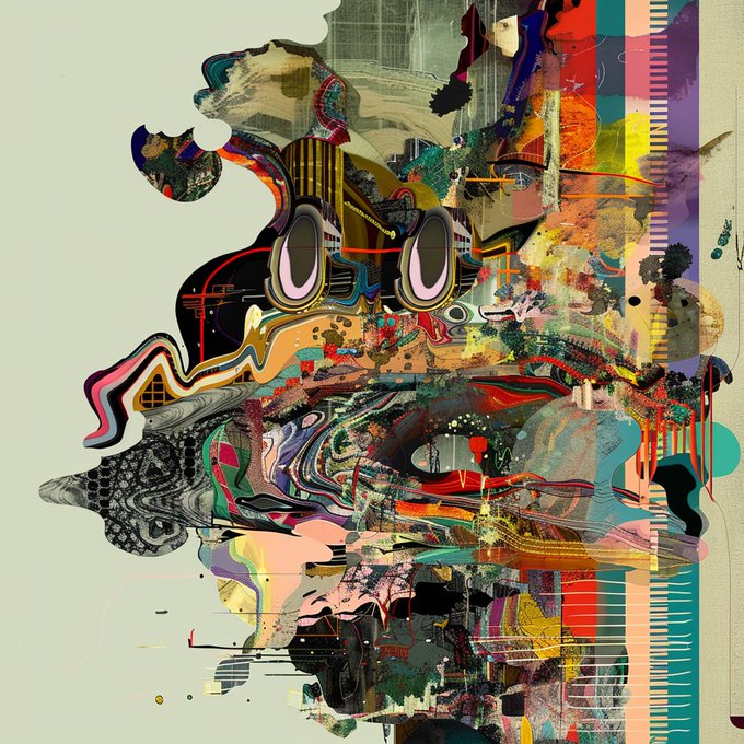 A vibrant, chaotic abstract digital artwork with colorful geometric shapes and patterns.