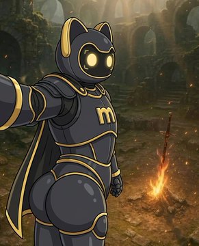A black and gold armored cat-like mascot stands in a dark, ancient ruin with glowing yellow eyes and a "m" emblem on its chest, while a fiery sword burns in the background. The character likely represents the creator's brand identity from the shared recipe link, possibly serving as an avatar or promotional figure for the makooor.com website mentioned.