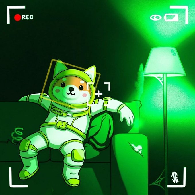 A cartoon dog named ASTEROID lounges on a couch in a green-lit room, captured through a camera viewfinder with a "REC" indicator. The illustration visually reinforces the caption's theme of constant visibility and presence in the spotlight.