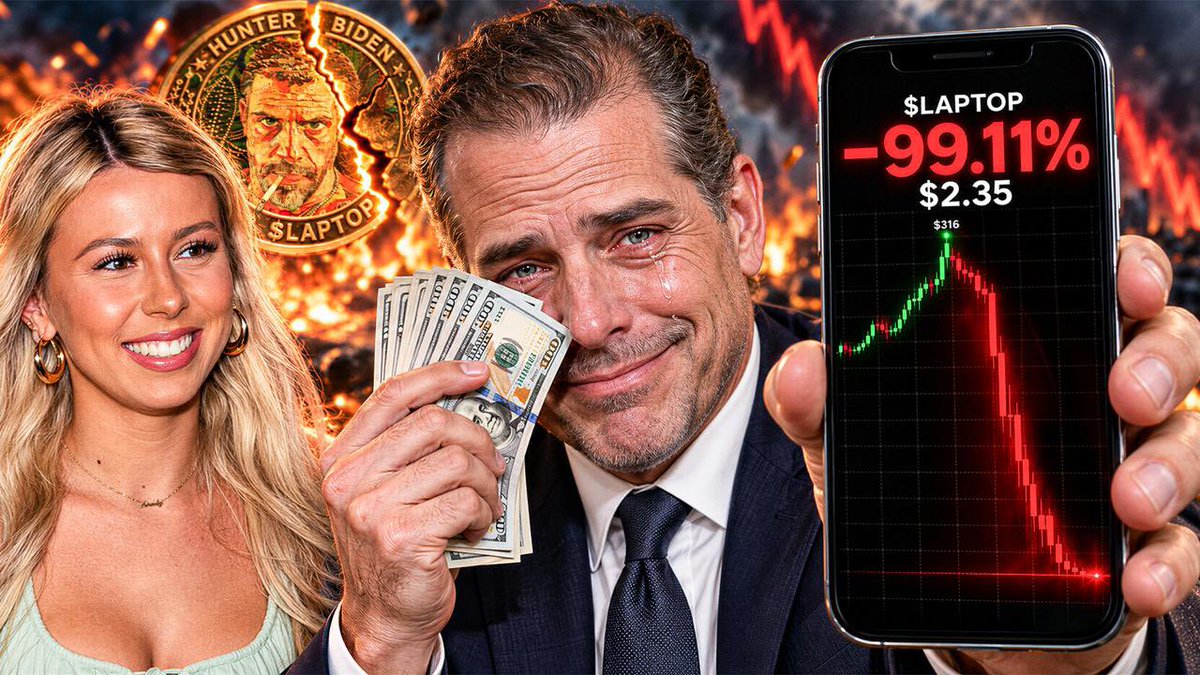 The image shows a man holding cash next to a phone displaying a stock chart that has crashed from $316 down to $2.35 (-99.11%) labeled "$LAPTOP," with a "$HUNTER BIDEN $LAPTOP" coin logo and flames in the background, illustrating the post's claim that Hunter Biden's "LAPTOP" memecoin rug-pulled investors, wiping out tens of millions in about 90 minutes.
