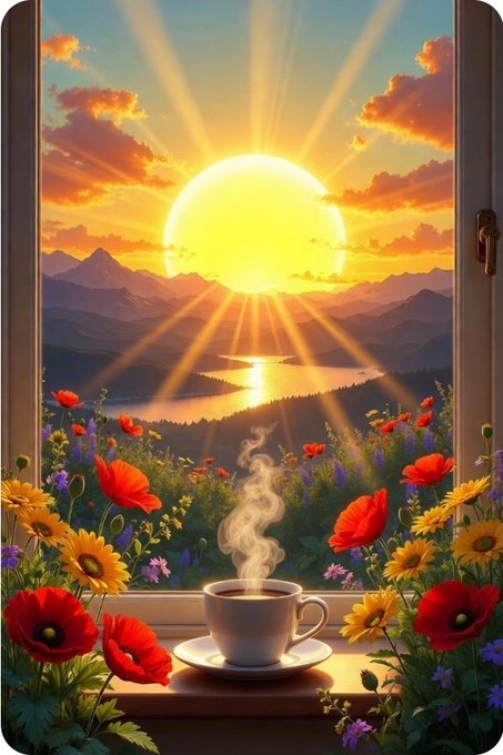 A scenic illustration of a steaming cup of coffee on a windowsill, overlooking a vibrant sunset with mountains and a field of red poppies and yellow flowers.