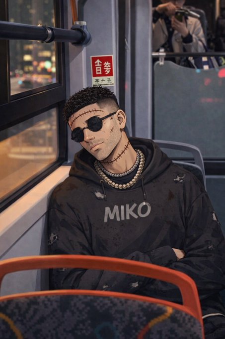 an illustration of a man wearing sunglasses and a black hoodie with "MIKO" written on it sitting on public transit.