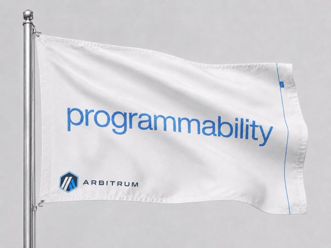 The image features a white flag with blue text that reads "Programmability". Below the flag, there's a small logo for a company named "Arbitrum". The combination of the flag and the logo suggests that the image might be related to finance or technology in some way.