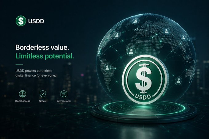 A promotional graphic for 'USDD' stablecoin with the tagline 'Borderless value. Limitless potential. USDD powers borderless digital finance for everyone,' featuring a glowing green coin and digital globe with icons for Global Access, Security, and Interoperability.