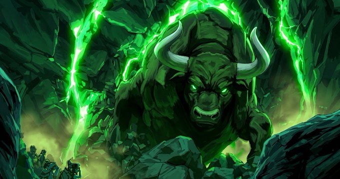 A digital artwork depicting a massive, menacing bull-like creature with horns emerging from rocky terrain, illuminated by bright green glowing energy or lightning.