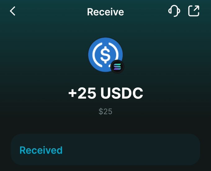 A mobile app screenshot showing a 'Receive' confirmation of '+25 USDC' ($25) with the Solana and Ethereum logos.
