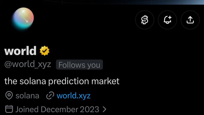 A social media profile page for the account 'world' (@world_xyz) which 'Follows you', describing itself as 'the solana prediction market' with a location of 'solana' and website 'world.xyz'.