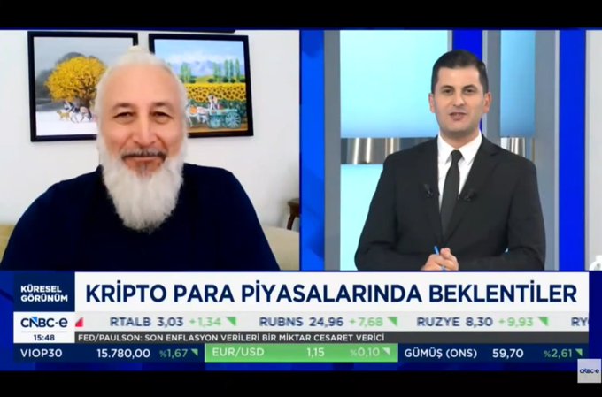 A TV screen showing a CNN Türk broadcast titled "KRİPTO PARA PİYASALARINDA BEKLENTİLER" (Crypto Currency Market Expectations) with the "Küresel Görünüm" program running at 15:48, featuring a split-screen interview between a guest and host İlker Koças, with market data tickers displaying RTALB, RUBNS, RUZYE, VIOP30, EUR/USD, and GÜMÜŞ.