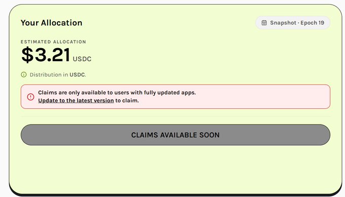 A close-up screenshot of a Grass allocation card showing an estimated allocation of $3.21 USDC, with a notification that claims are only available to users with fully updated apps and a 'CLAIMS AVAILABLE SOON' button.