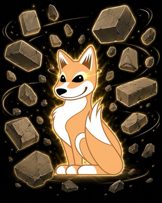 A cartoon fox with glowing golden eyes sits surrounded by floating rocks and swirling energy lines against a black background, radiating a powerful golden aura.