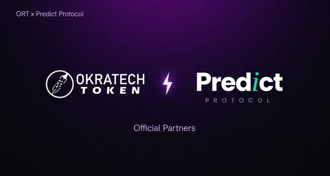 The image features a purple background with white text that reads "Prediction Protocol" followed by "Okratech @ Predict token". The text also includes the words "Official Partners", which suggests that this partnership involves both Okratech and predict token companies collaborating on a project or initiative.