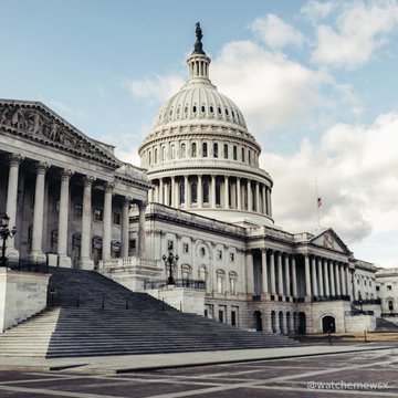 A photograph of the United States Capitol building in Washington D.C., taken from the ground level showing the grand staircase and dome against a partly cloudy sky, with a 'rawpixel' watermark.