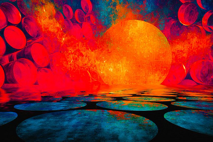 The artwork "Multipaths" from the "Between Worlds" collection features a striking composition of a fiery orange sphere surrounded by red spherical shapes, with teal circular pads scattered across a dark watery foreground, evoking a surreal, otherworldly realm where multiple dimensions converge.